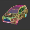 Mitsubishi SUV With Camouflage Exterior And Decorative Stickers On Dark Background