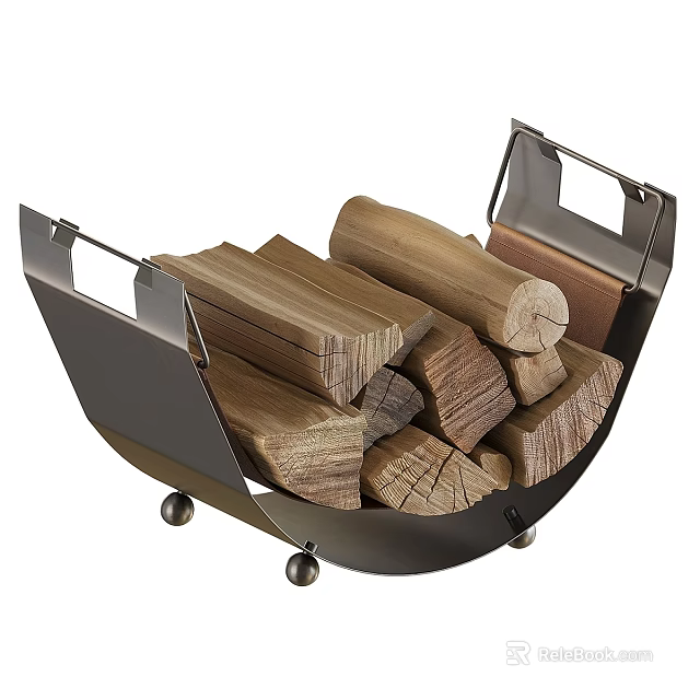 Sturdy Metal Fireplace Firewood Holder With Stacked Logs And Mobile Wheels Design 3d model 