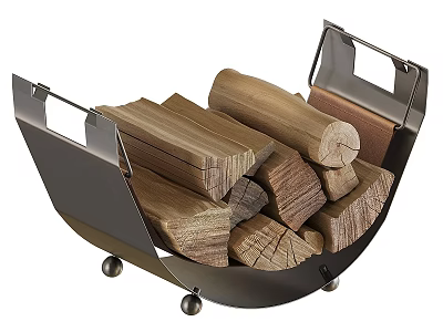 Sturdy Metal Fireplace Firewood Holder With Stacked Logs And Mobile Wheels Design 3d model