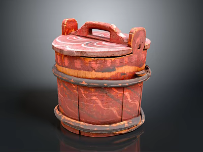 Traditional Red Brown Wooden Bucket With Lid Handle And Decorative Patterns 3d model