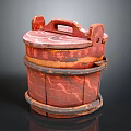 Traditional Red Brown Wooden Bucket With Lid Handle And Decorative Patterns