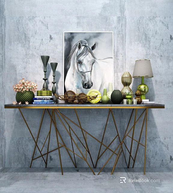 Console Table With Gold Geometric Legs And Decorative Items On Gray Wall With Horse Painting 3d model 