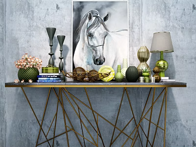 Console Table With Gold Geometric Legs And Decorative Items On Gray Wall With Horse Painting 3d model