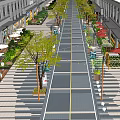 Vibrant Commercial Pedestrian Street With Buildings Greenery Shops Outdoor Seating And Umbrellas