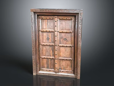 Vintage Wooden Cabinet With Carved Details Metal Studs And Double Doors 3d model