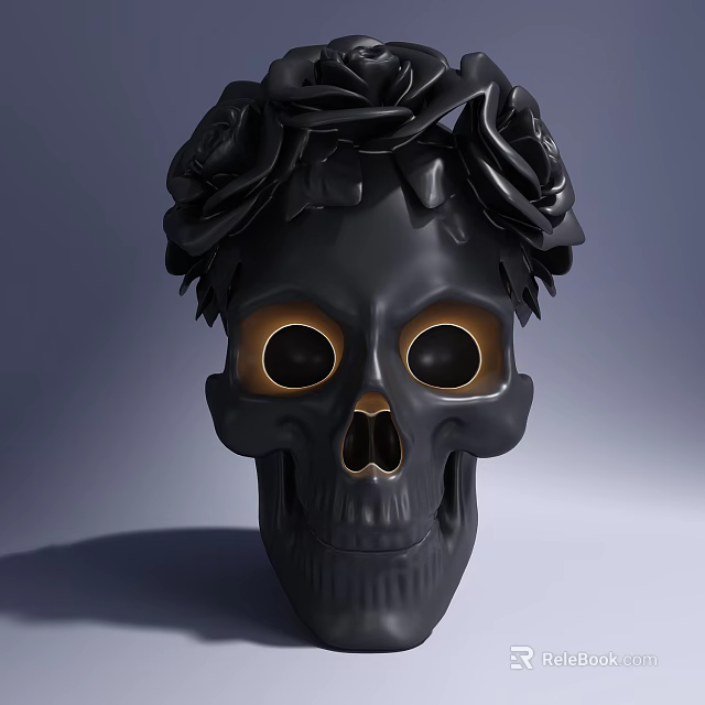 Artistic Black Skull Sculpture With Golden Eyes And Decorative Black Roses 3d model 