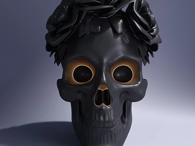Artistic Black Skull Sculpture With Golden Eyes And Decorative Black Roses 3d model