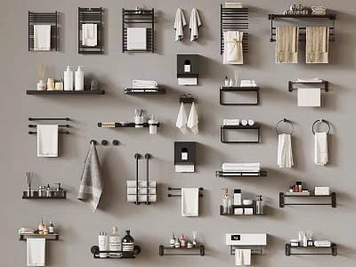 Variety of Bathroom Accessories Including Towel Racks Shelves and Toiletries 3d model