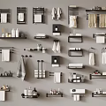 Variety of Bathroom Accessories Including Towel Racks Shelves and Toiletries