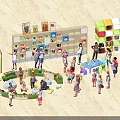 Children Playing in Colorful Interactive Play Area with Bookshelves and Play Structures