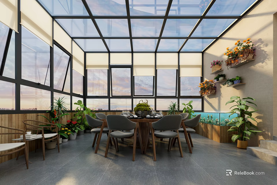 Bright Villa Balcony Dining Area With Glass Roof Dining Table Chairs And Plants 3d model 
