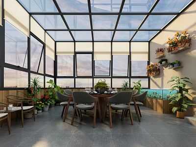 Bright Villa Balcony Dining Area With Glass Roof Dining Table Chairs And Plants 3d model