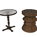 Metal and Wooden Side Tables with Intricate Openwork Carved Patterns and Tripod Layered Bases