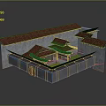 Traditional Chinese Architecture Model With Red Tile Roof Grey Walls Courtyard And Wooden Eaves Columns