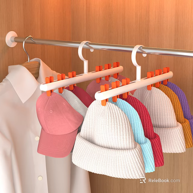 Multifunctional Clothes Hanger with Clips for Organizing Hats and Shirts in Wooden Closet 3d model 