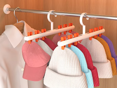Multifunctional Clothes Hanger with Clips for Organizing Hats and Shirts in Wooden Closet 3d model