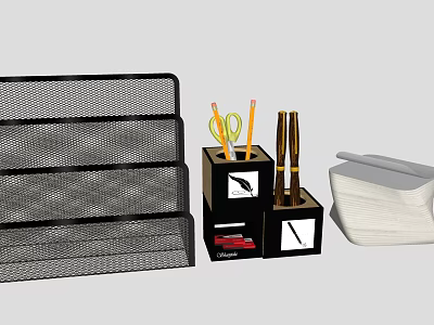 Office Desk Supplies Including Metal Mesh File Organizer Pen Holder Scissors Pencils And Tissue 3d model