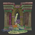 Ancient Stone Archway Ruins Featuring Broken Pillar Debris And Small Plants On Sandy Ground