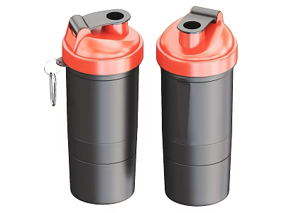 Two Black Shaker Bottles With Orange Lids And Carabiner Strap For Sports Drinks 3d model