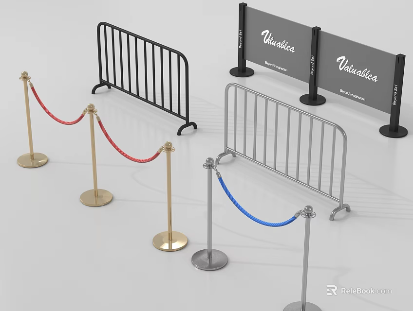 Different Metal Barriers with Red Blue Ropes and Wimbledon Branded Panels 3d model 