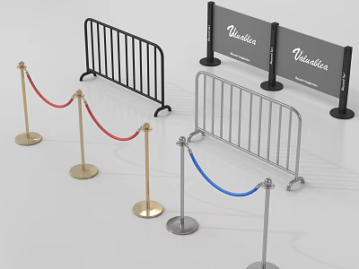 Different Metal Barriers with Red Blue Ropes and Wimbledon Branded Panels 3d model