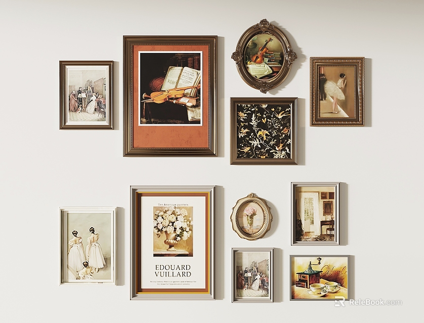 Gallery Wall With Various Framed Artworks In Different Styles For Home Interior 3d model 