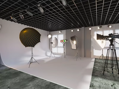 Professional Photography Studio Setup With Softboxes Reflectors Camera Tripod And White Backdrop 3d model