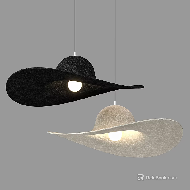 Modern Wide Brimmed Pendant Lights Black and Cream Felt Design with Illuminated Bulbs 3d model 