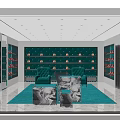 Luxury Shoe Store Interior With Teal Display Shelves Red Shoes Green Rug And Marble Tables