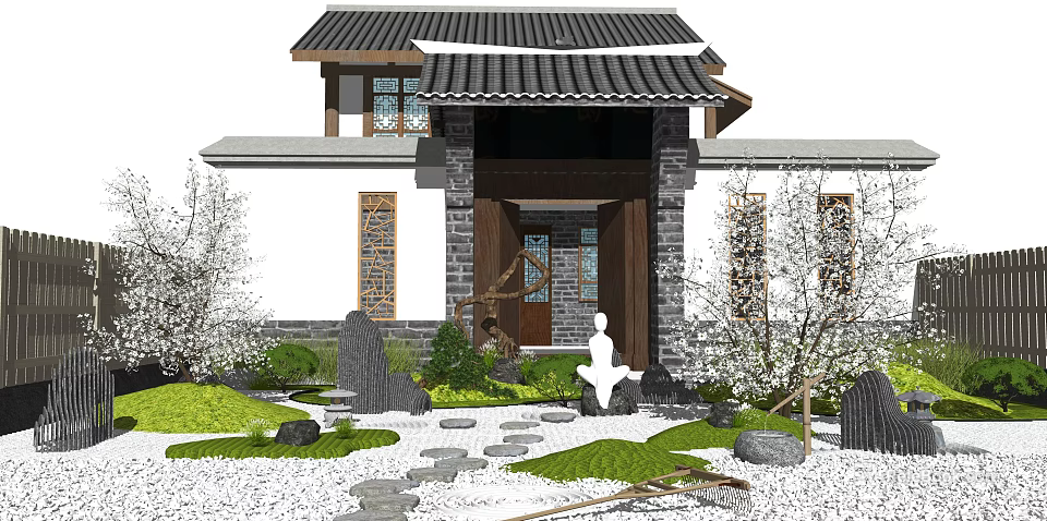Karesansui Dry Landscape Garden With Raked White Sand Stones Greenery And Traditional Chinese Architecture 3d model 