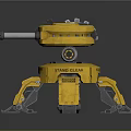 Futuristic Yellow Prototype Robot With Double Gun Barrels And Mechanical Legs