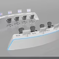 White Curved Console Desk With Modern Design Multiple Monitors And Gray Office Chairs