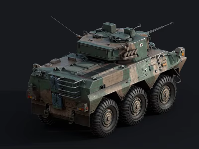 Wheeled Armored Tank With Camouflage Paint Top Mounted Weapon And Antenna 3d model
