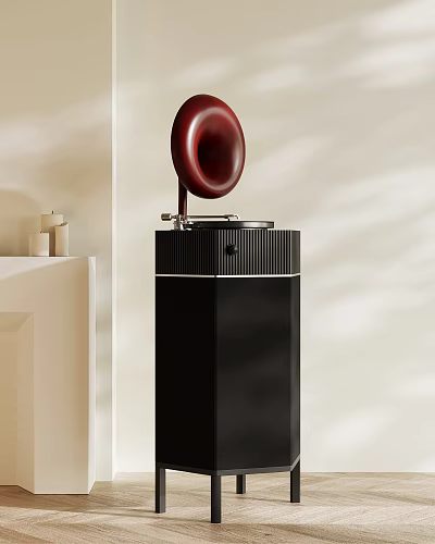 Modern Black Audio Speaker With Red Circular Top In Minimalist Interior 3d model