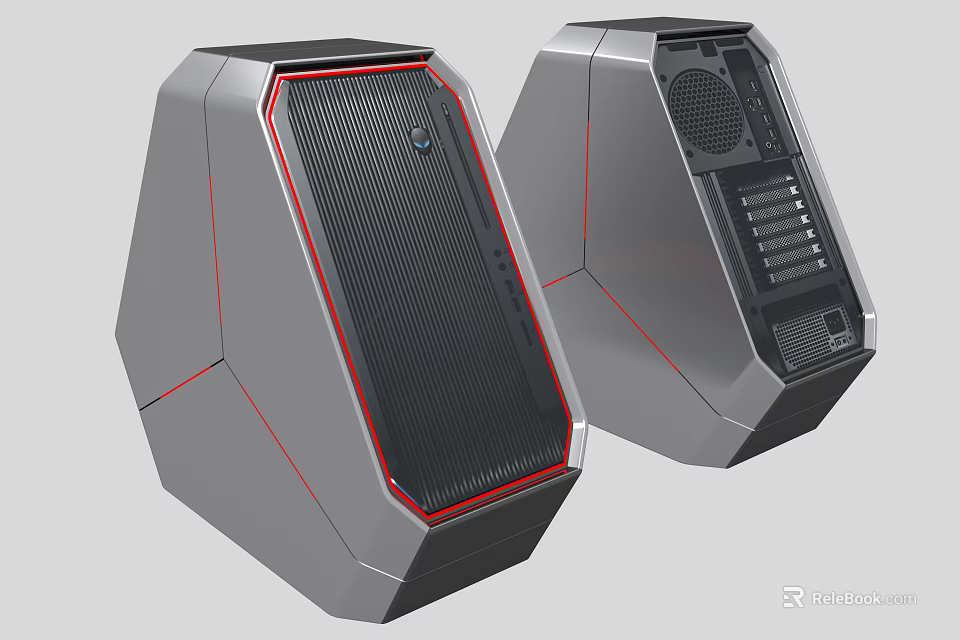 Modern Gaming Computer Case With Sleek Silver Red Accents Angular Design And Ventilation Panels 3d model 