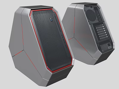 Modern Gaming Computer Case With Sleek Silver Red Accents Angular Design And Ventilation Panels 3d model