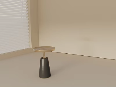 Round Top Side Table with Black Base and Golden Accents in Corner with White Blinds 3d model