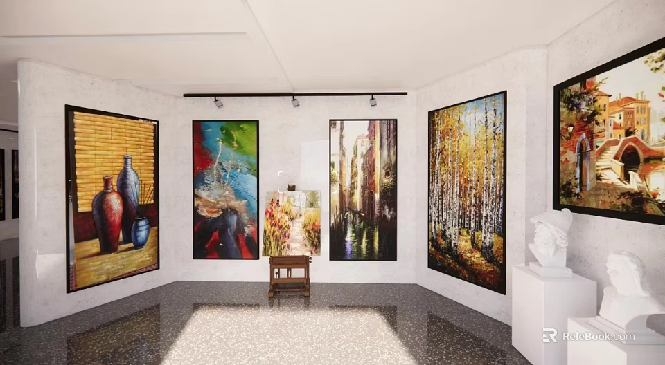 Art Gallery Interior With Colorful Paintings On Wall And Sculpture 3d model 