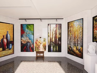 Art Gallery Interior With Colorful Paintings On Wall And Sculpture 3d model