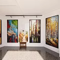 Art Gallery Interior With Colorful Paintings On Wall And Sculpture