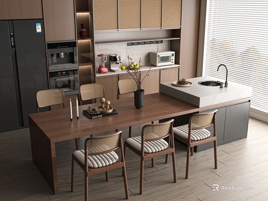 Modern Restaurant Interior With Open Design Dining Table Chairs Island Counter Dark Cabinets And Natural Light 3d model 