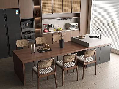 Modern Restaurant Interior With Open Design Dining Table Chairs Island Counter Dark Cabinets And Natural Light 3d model