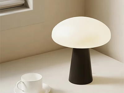 Mushroom Shaped Table Lamp With White Lampshade And Black Base On Tabletop 3d model
