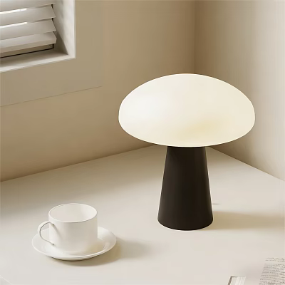 Mushroom Shaped Table Lamp With White Lampshade And Black Base On Tabletop 3d model