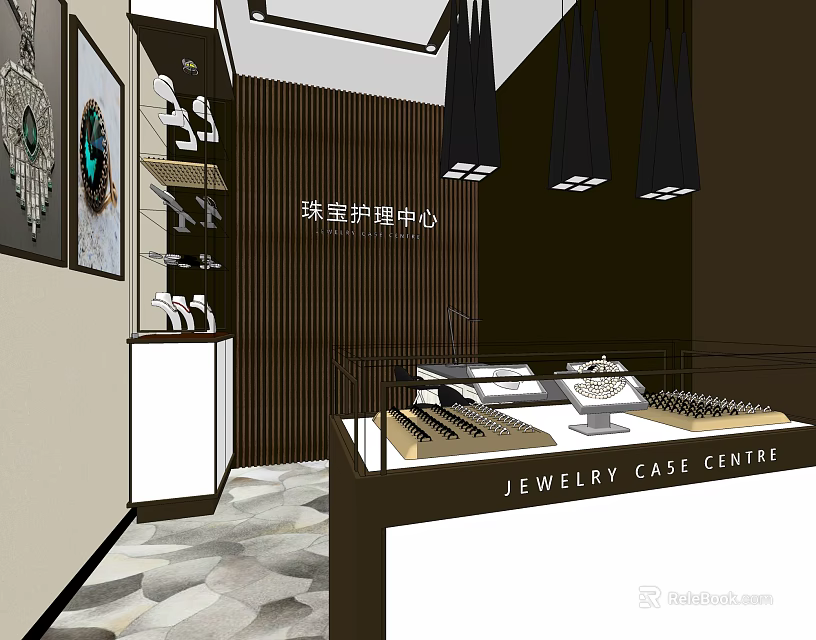 Elegant Luxury Jewelry Store With Care Center Display Cases And Interior Lighting For Jewelry Displays 3d model 