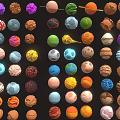 Various Colorful Planets and Celestial Models Collection with Meteoroids Different Shapes and Colors