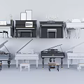 Various Musical Instruments Featuring Upright And Grand Pianos In Black White With Stools