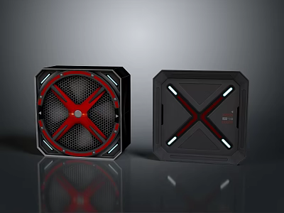 Two Modern Speakers With Red Grille And Dark Gray Cross Line Stylish Design For Home Use 3d model