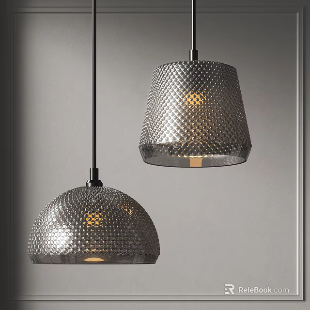 Two Modern Glass Pendant Lights With Diamond Textured Shades Hanging On Gray Wall 3d model 
