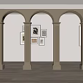 Beige Arched Doorways With Columns In Modern Interior Wooden Floor And Framed Artworks On Wall